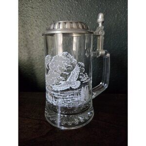 Vintage James Meger Bald Eagle Embossed Pewter Glass Beer Stein - 1990s Germany